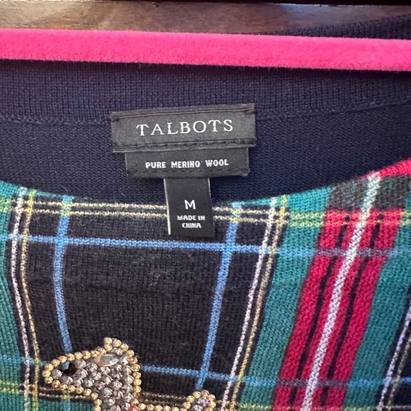 Talbots Sweater Size M Merino Wool Christmas Plaid Rhinestone Dog Womens - Picture 2 of 6